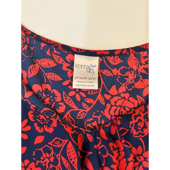 Terra & Sky Blouse Women Plus 3X Navy Red Floral Sleeveless Lightweight - Picture 2 of 3